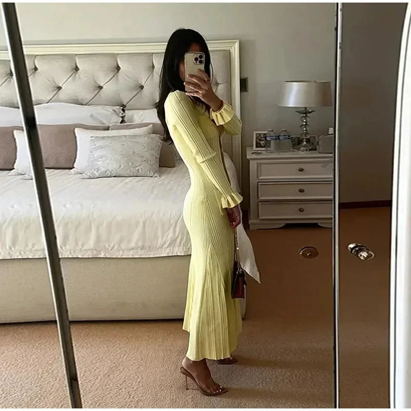 Elegant Autumn Dress Women  Ribbed Knit Midi Dress Slim Fit