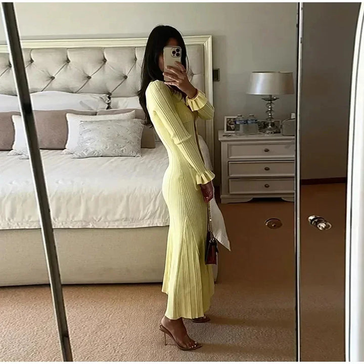 Elegant Autumn Dress Women  Ribbed Knit Midi Dress Slim Fit