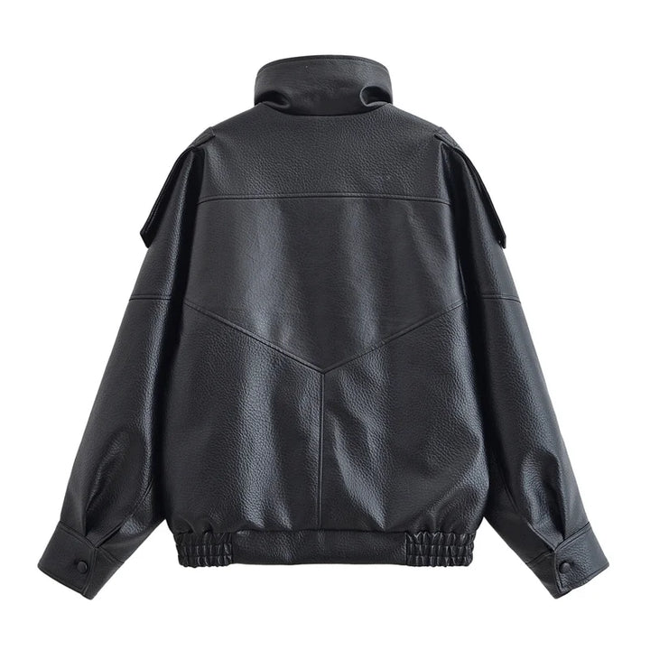 Women's Jacket Fall 2025 New Black Long Sleeve Pebble Faux Leather Jacket Motorcycle Style Personality Fashion
