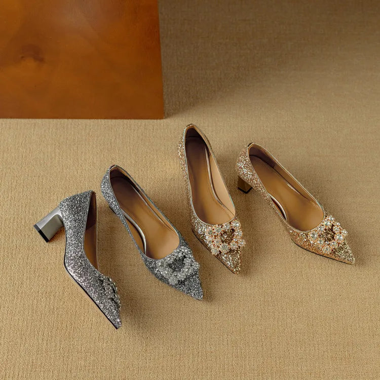 Stella | Women's Glitter Block Heel Pumps Pointed Toe Crystal Buckle