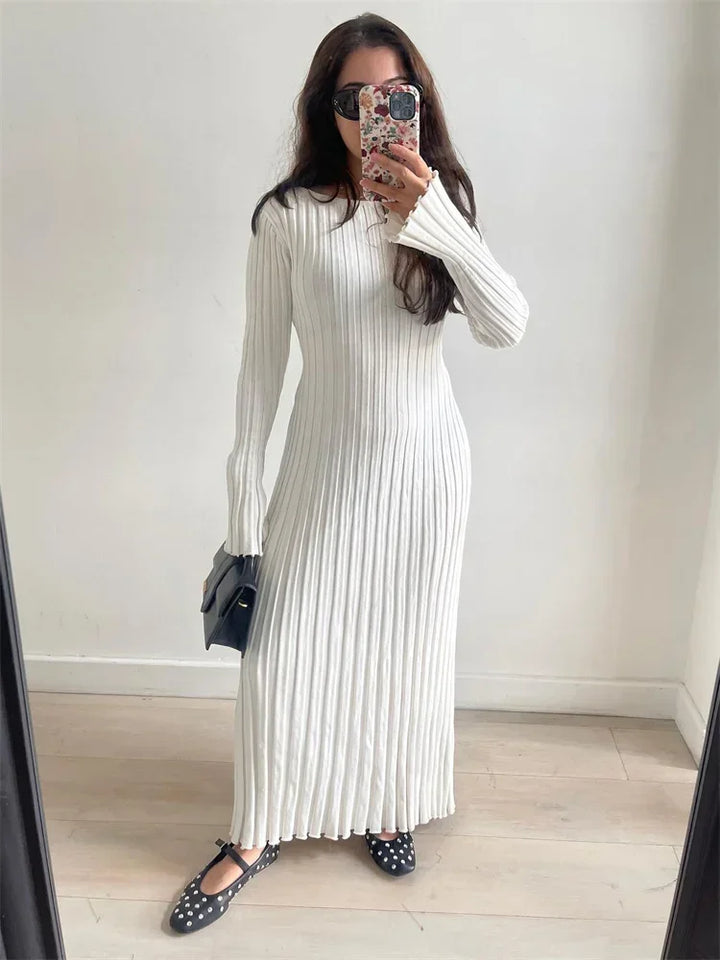 Knit Maxi Dress – Long Sleeve High Waist Elegant Style