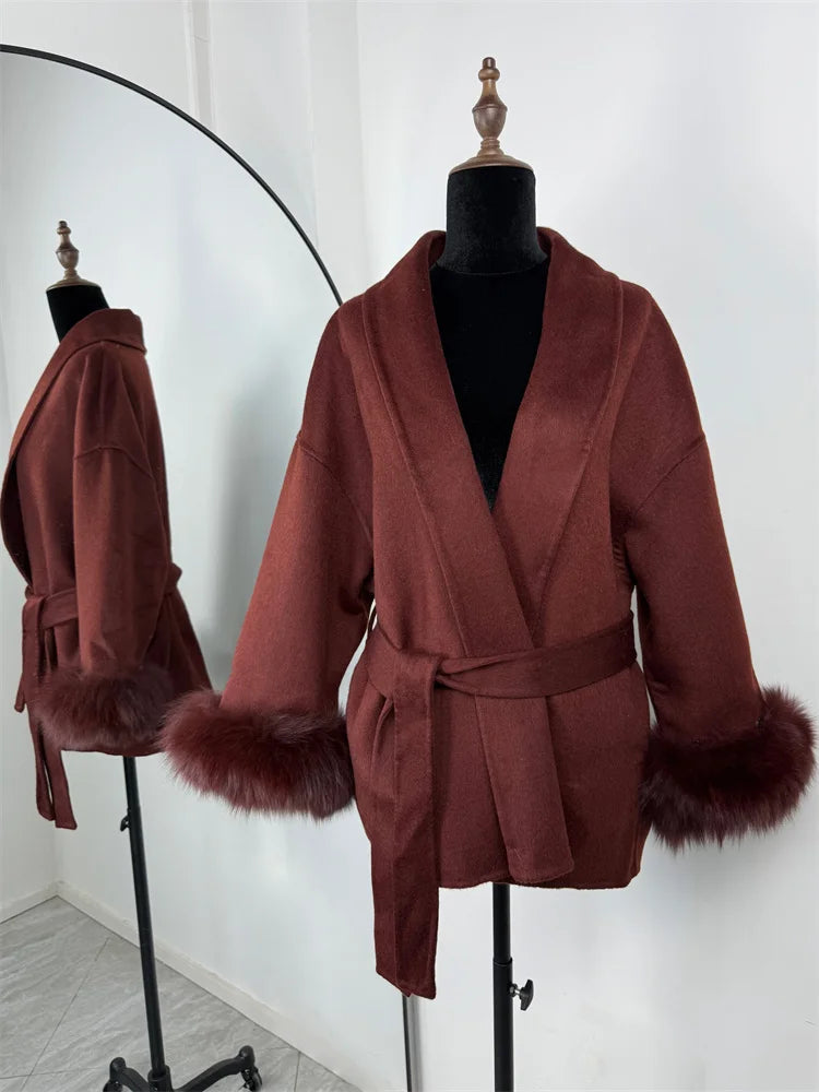 Tossy | Women's Fur Coat – Wool Blend Coat Faux Fur Trim Elegant Short Coat