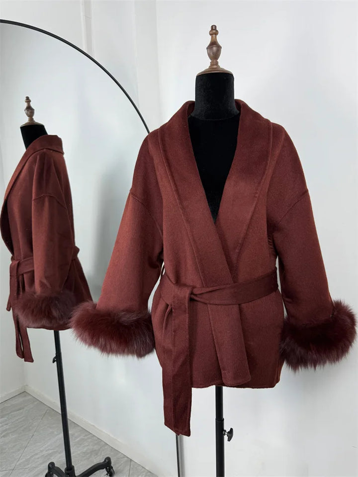 Tossy | Women's Fur Coat – Wool Blend Coat Faux Fur Trim Elegant Short Coat