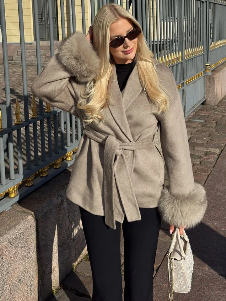 Women’s Fox Fur Wool Overcoat | Elegant Short Coat for Office & Winter