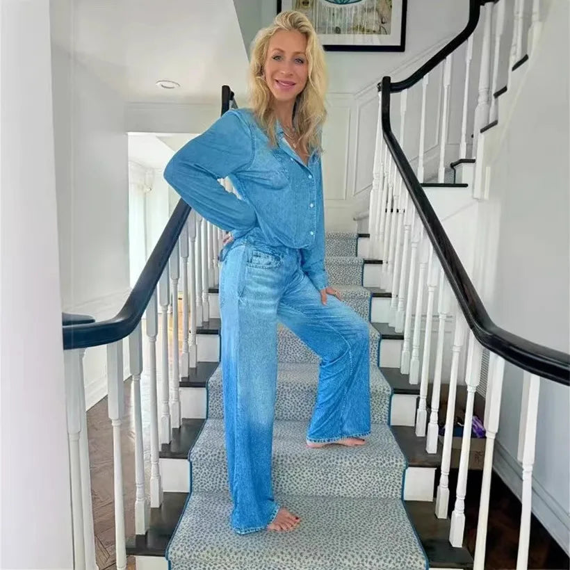 Zaria | Women's Denim Pyjama Set – Slim Fit Long Sleeve Button-Up Shirt and Pants