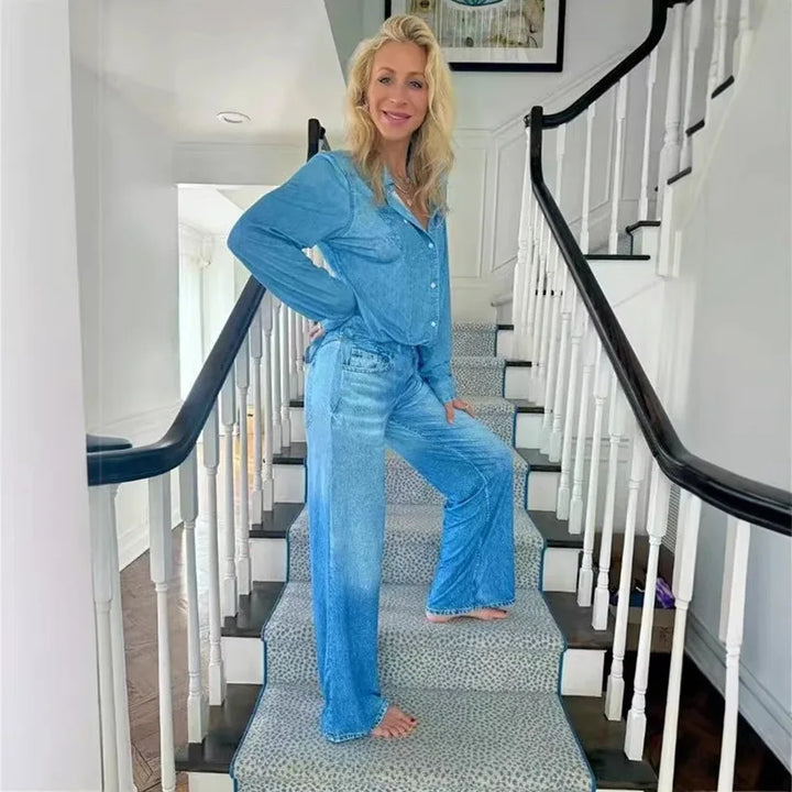 Zaria | Women's Denim Pyjama Set – Slim Fit Long Sleeve Button-Up Shirt and Pants