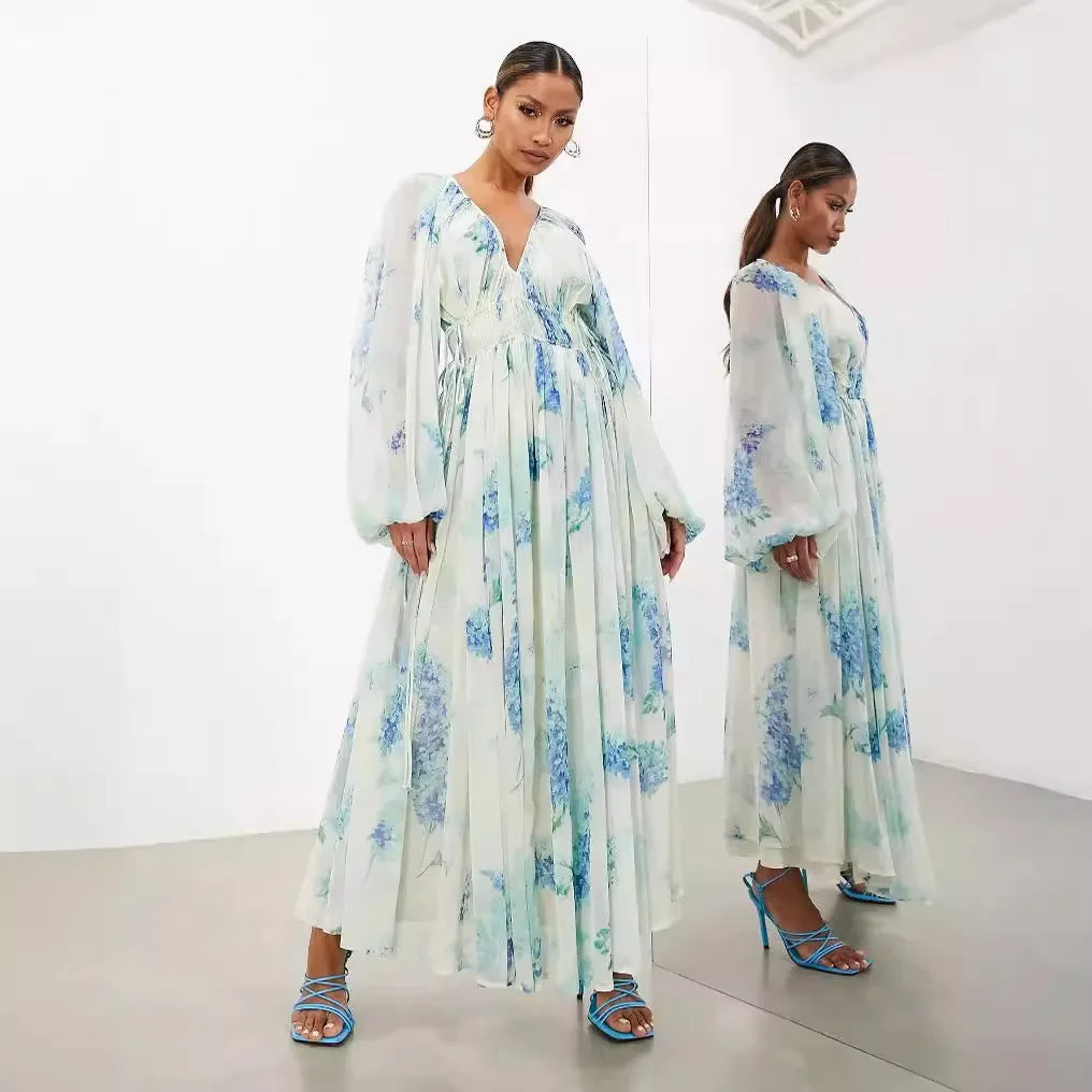 Chiffon Maxi Dress – V-Neck Flowing Party Dress