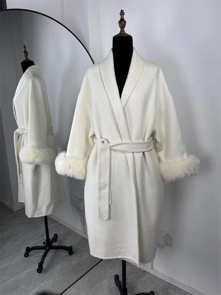 Women’s Fox Fur Wool Overcoat | Elegant Short Coat for Office & Winter