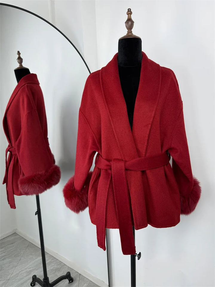 Women’s Fox Fur Wool Overcoat | Elegant Short Coat for Office & Winter