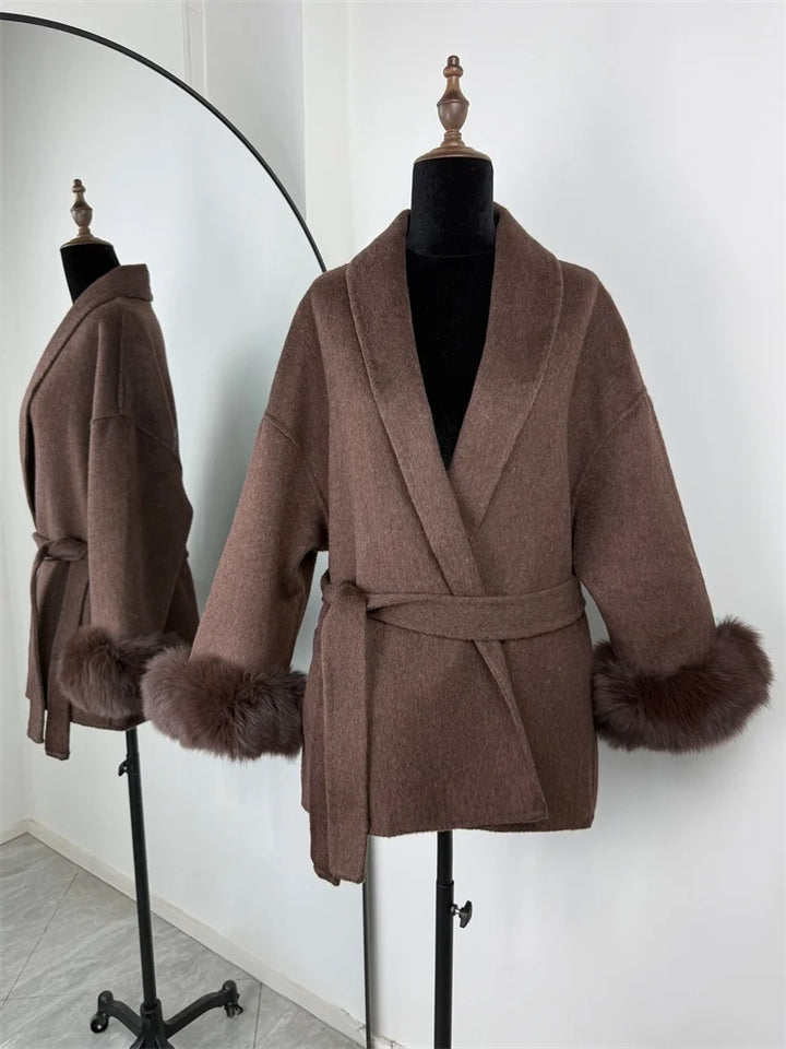 Women’s Fox Fur Wool Overcoat | Elegant Short Coat for Office & Winter