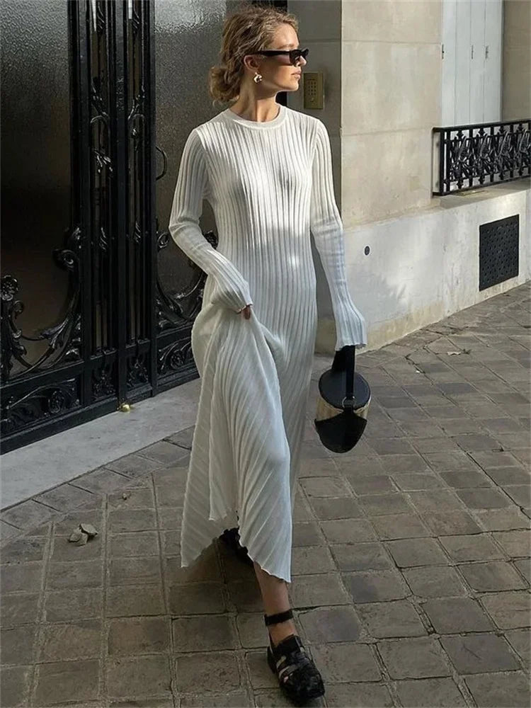 Knit Maxi Dress – Long Sleeve High Waist Elegant Style