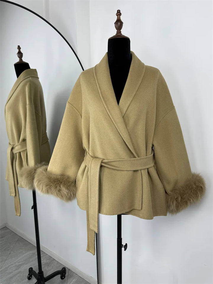 Women’s Fox Fur Wool Overcoat | Elegant Short Coat for Office & Winter