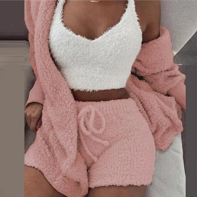 Nova | Women's Fluffy Pyjama Set – 3-Piece Sleepwear Hoodie Tank Top and Shorts