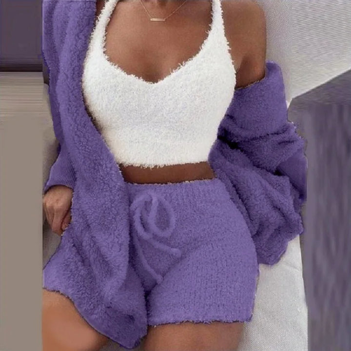 Nova | Women's Fluffy Pyjama Set – 3-Piece Sleepwear Hoodie Tank Top and Shorts