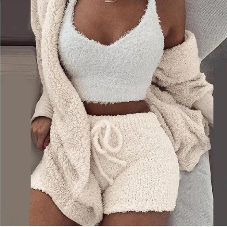 Nova | Women's Fluffy Pyjama Set – 3-Piece Sleepwear Hoodie Tank Top and Shorts