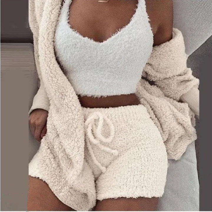 Nova | Women's Fluffy Pyjama Set – 3-Piece Sleepwear Hoodie Tank Top and Shorts