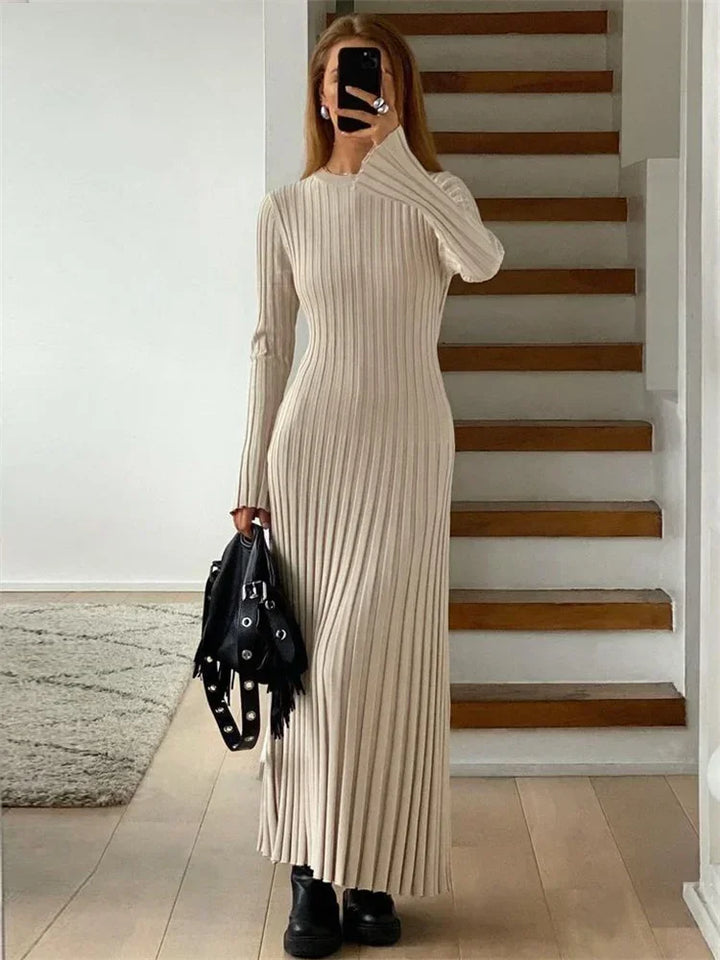 Knit Maxi Dress – Long Sleeve High Waist Elegant Style