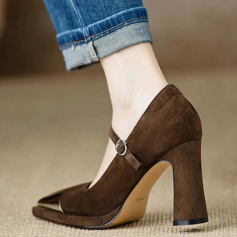 Serena | Women's Mary Jane High Heel Pumps Cap Toe Block Heel Strap