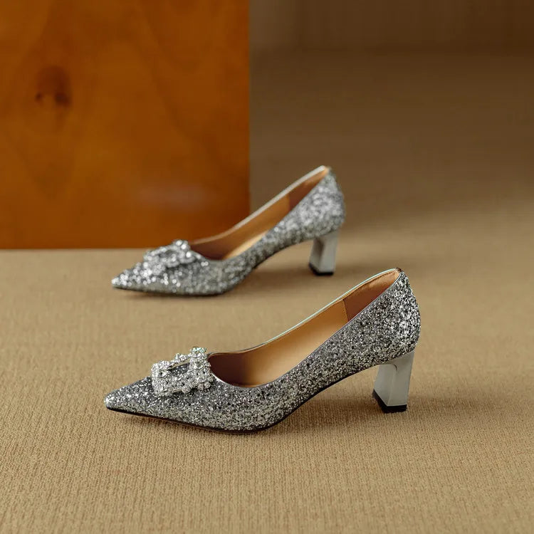 Stella | Women's Glitter Block Heel Pumps Pointed Toe Crystal Buckle