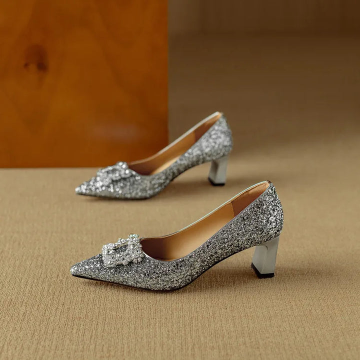 Stella | Women's Glitter Block Heel Pumps Pointed Toe Crystal Buckle