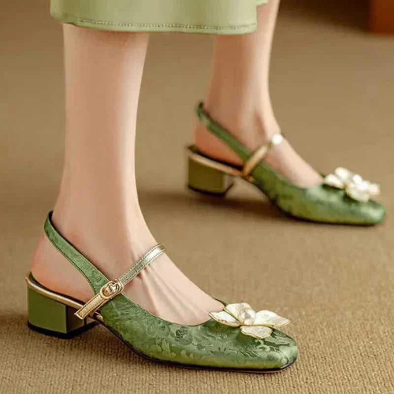 Isabeau | Women's Floral Mary Jane Pumps Block Heel Jacquard Strap