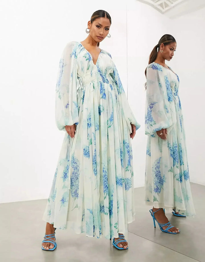 Chiffon Maxi Dress – V-Neck Flowing Party Dress
