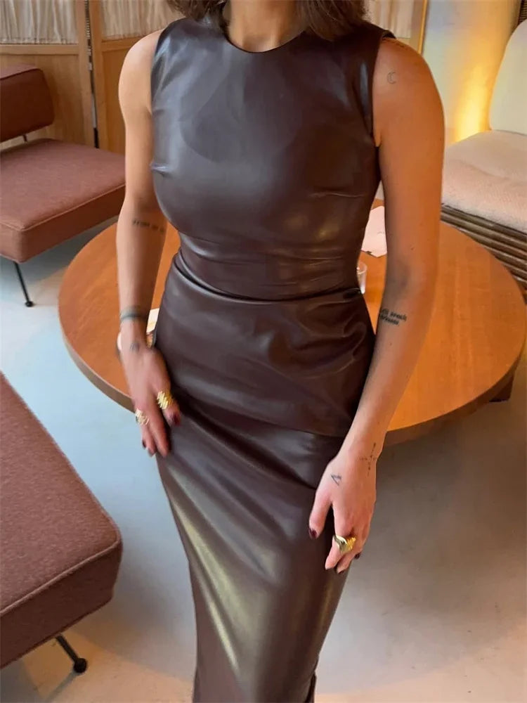 Sexy PU Maxi Dress – High Waist Bodycon Streetwear