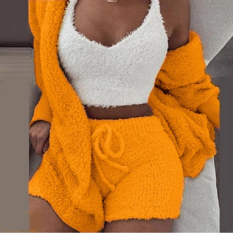 Nova | Women's Fluffy Pyjama Set – 3-Piece Sleepwear Hoodie Tank Top and Shorts