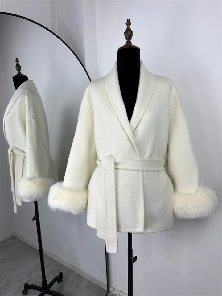 Tossy | Women's Fur Coat – Wool Blend Coat Faux Fur Trim Elegant Short Coat