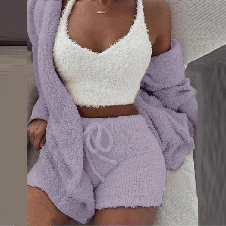 Nova | Women's Fluffy Pyjama Set – 3-Piece Sleepwear Hoodie Tank Top and Shorts