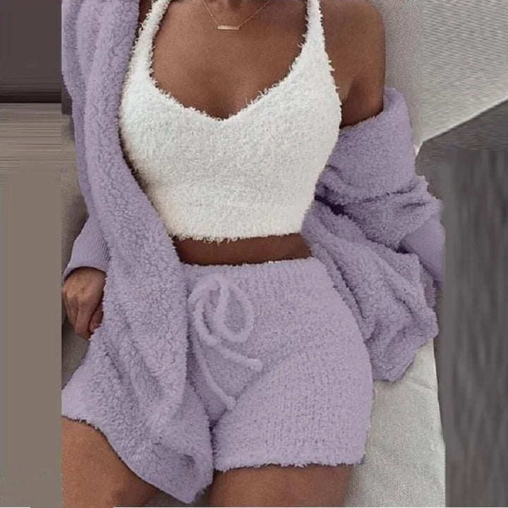 Nova | Women's Fluffy Pyjama Set – 3-Piece Sleepwear Hoodie Tank Top and Shorts