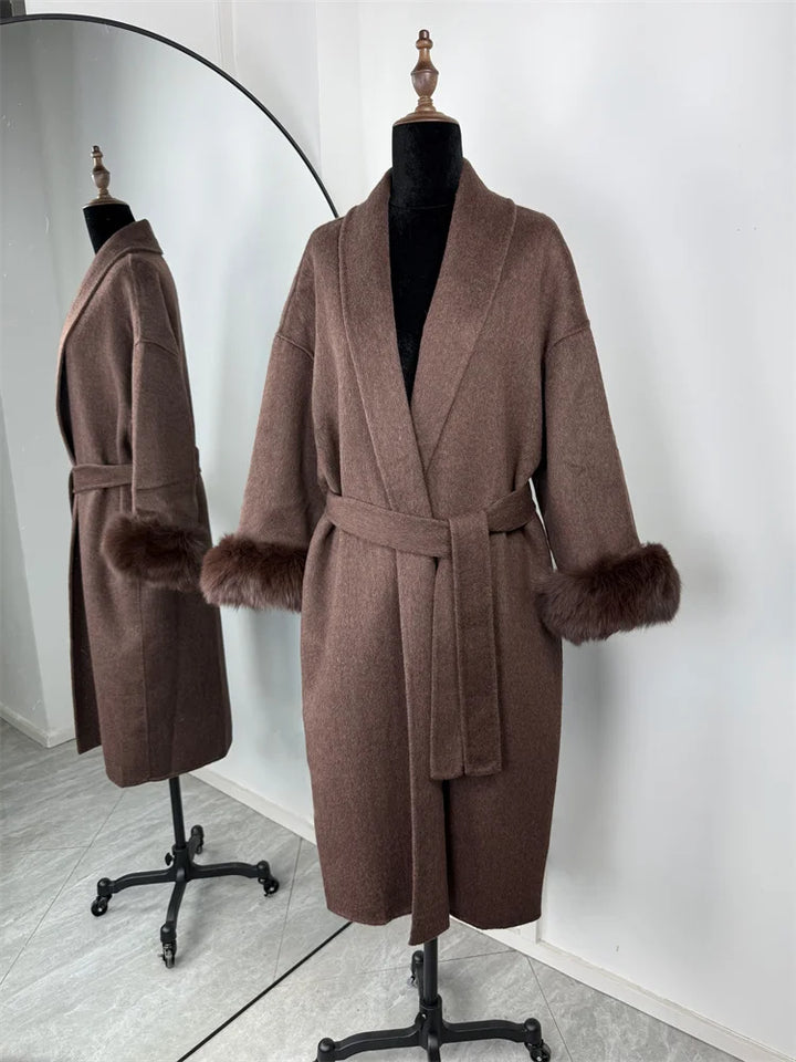 Tossy | Women's Fur Coat – Wool Blend Coat Faux Fur Trim Elegant Short Coat