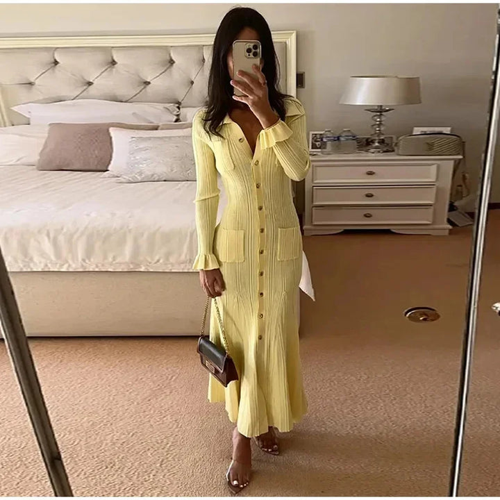 Elegant Autumn Dress Women  Ribbed Knit Midi Dress Slim Fit