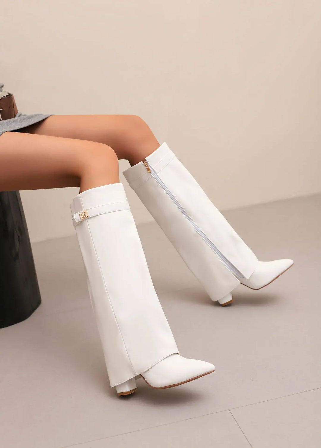 Zaria | Women's Knee-High Boots – Pointed Toe Buckle Boots Chunky Heel