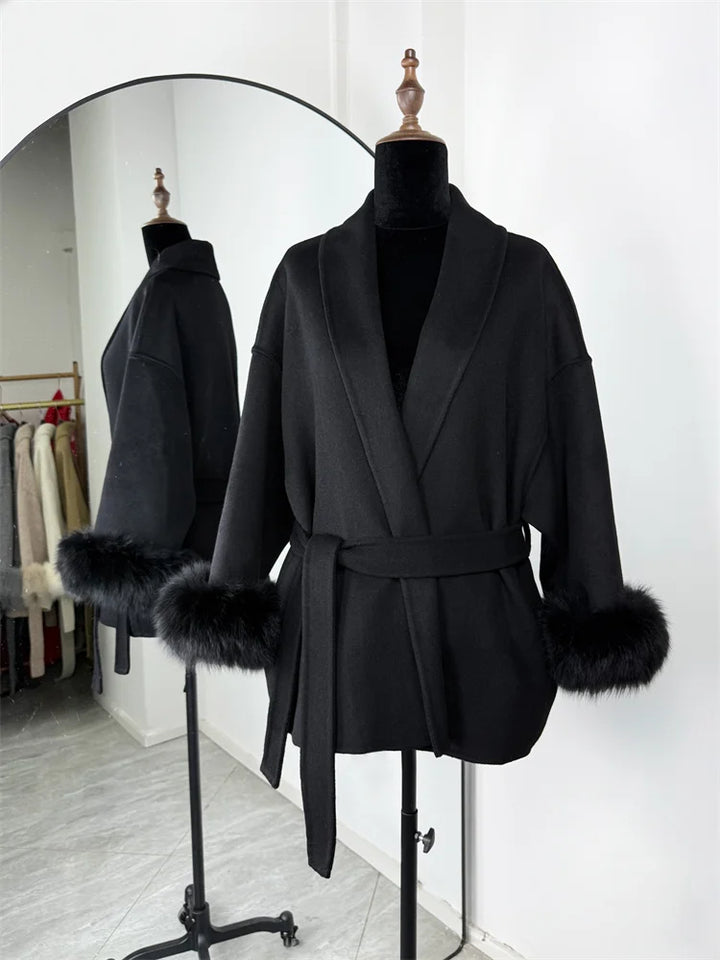 Women’s Fox Fur Wool Overcoat | Elegant Short Coat for Office & Winter