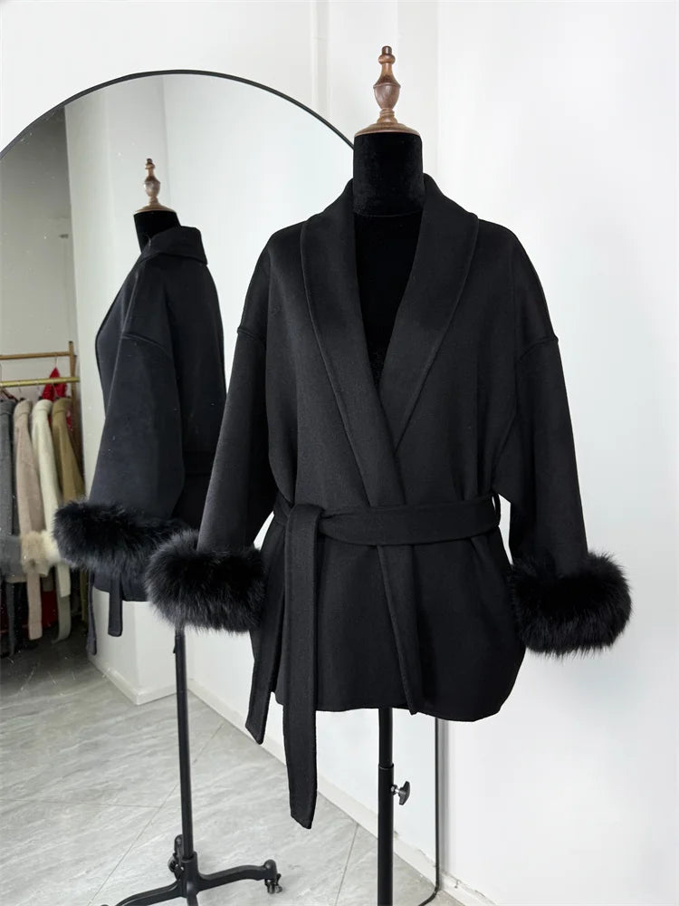 Tossy | Women's Fur Coat – Wool Blend Coat Faux Fur Trim Elegant Short Coat