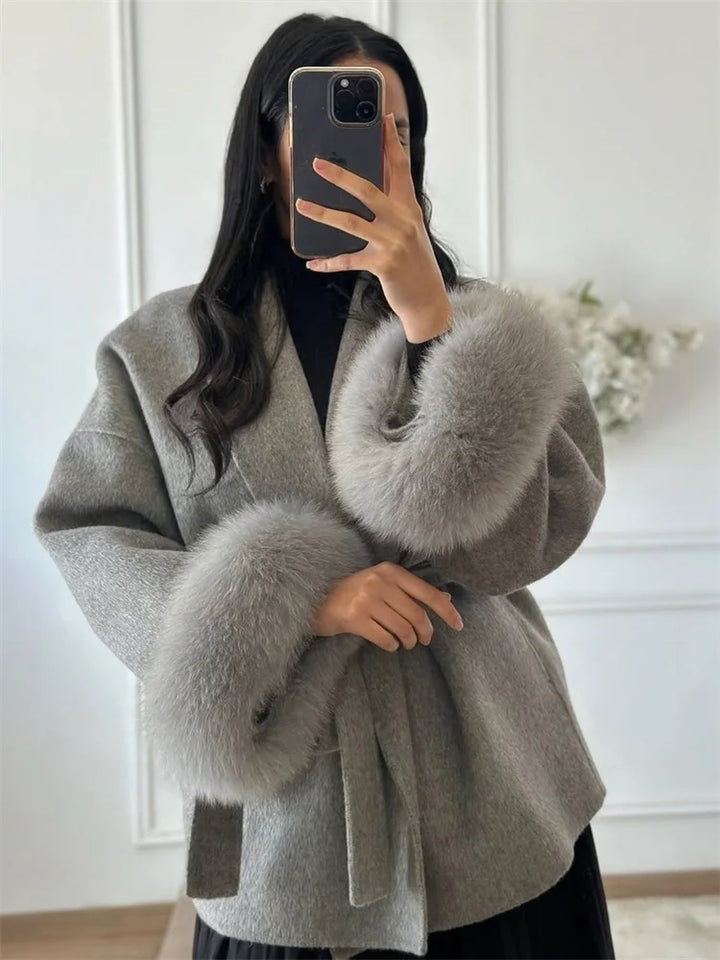 Tossy | Women's Fur Coat – Wool Blend Coat Faux Fur Trim Elegant Short Coat