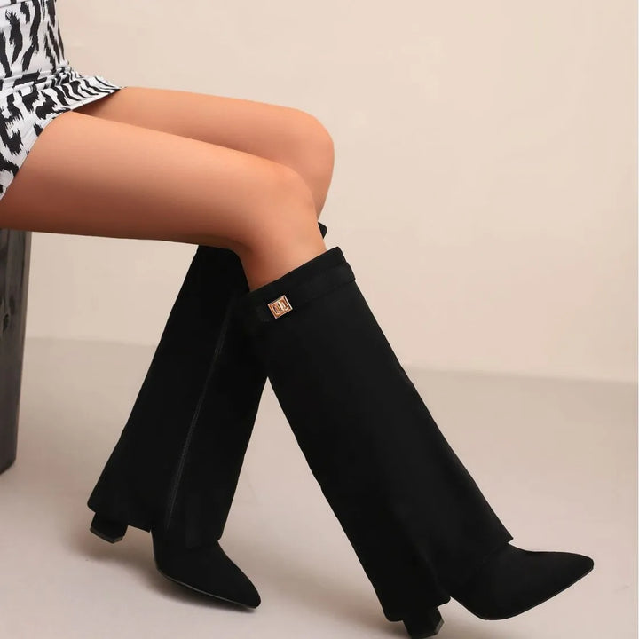 Zaria | Women's Knee-High Boots – Pointed Toe Buckle Boots Chunky Heel