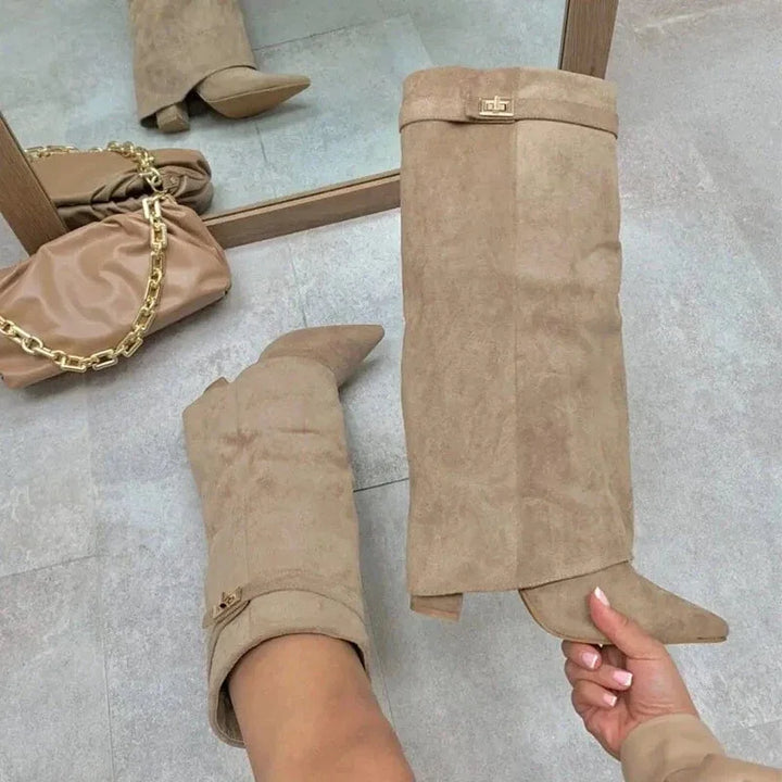 Zaria | Women's Knee-High Boots – Pointed Toe Buckle Boots Chunky Heel