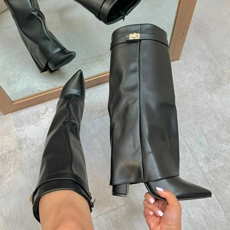 Zaria | Women's Knee-High Boots – Pointed Toe Buckle Boots Chunky Heel