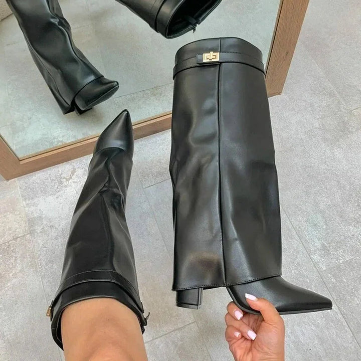Zaria | Women's Knee-High Boots – Pointed Toe Buckle Boots Chunky Heel