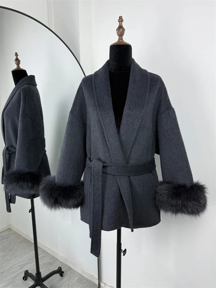 Women’s Fox Fur Wool Overcoat | Elegant Short Coat for Office & Winter
