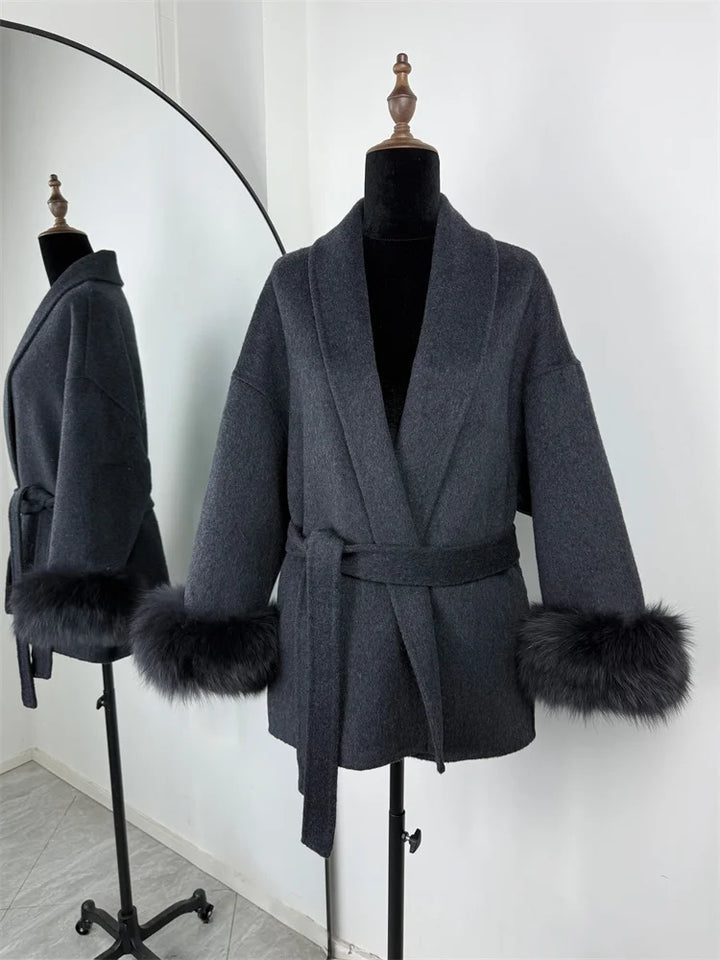 Women’s Fox Fur Wool Overcoat | Elegant Short Coat for Office & Winter
