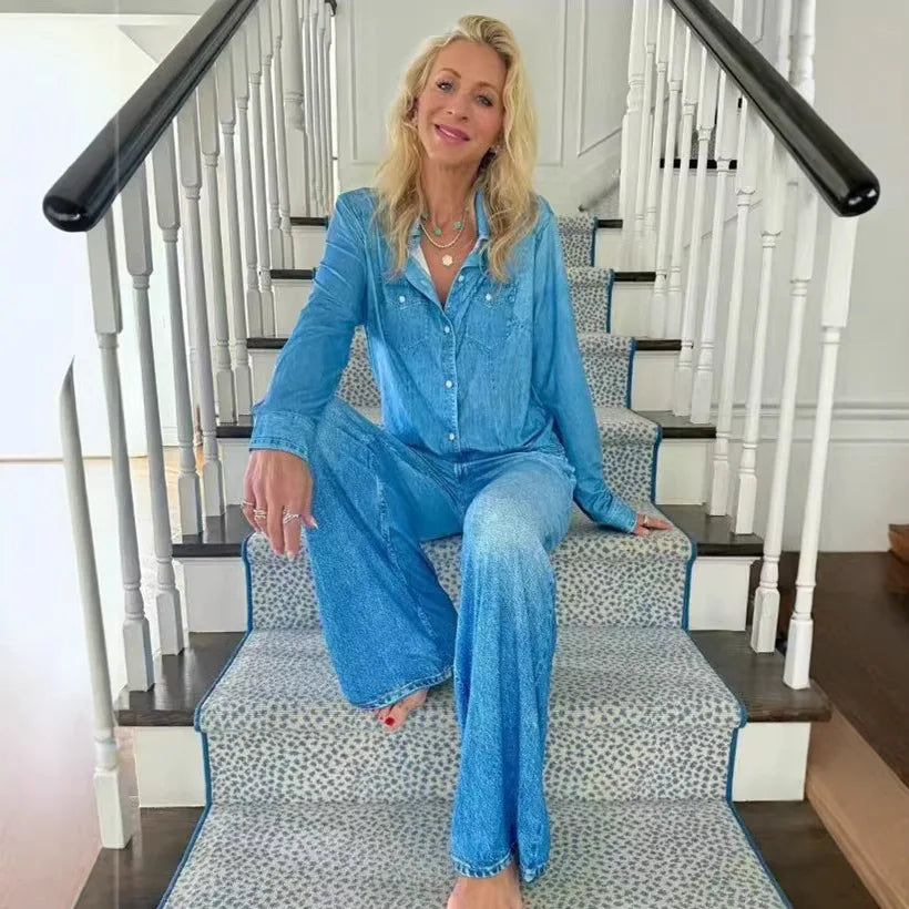 Zaria | Women's Denim Pyjama Set – Slim Fit Long Sleeve Button-Up Shirt and Pants