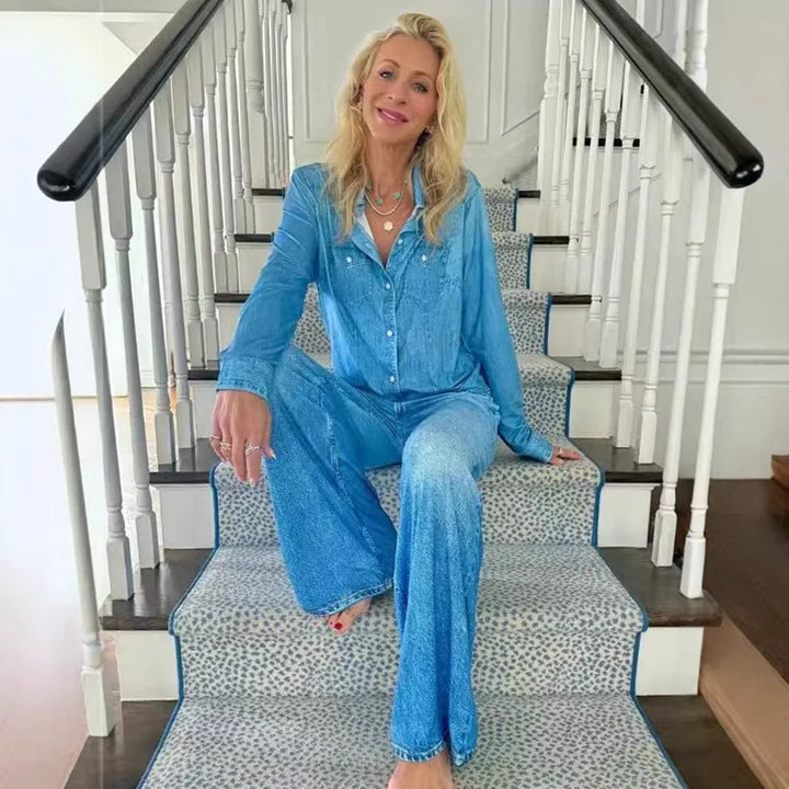 Zaria | Women's Denim Pyjama Set – Slim Fit Long Sleeve Button-Up Shirt and Pants