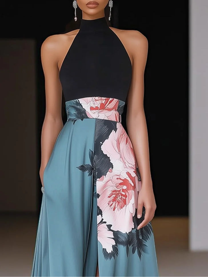 Janelle™ | Black Slit Floral Classic Crew Neck Sleeveless A-Line Maxi Dress