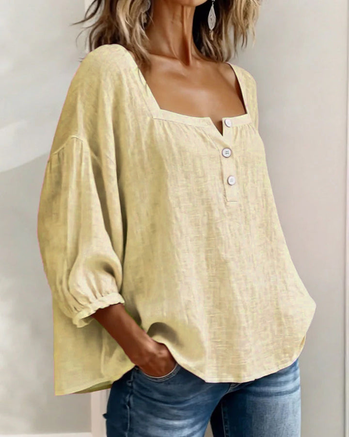 Fiona | Women's Square Neck Blouse 3/4 Puff Sleeve Button Top