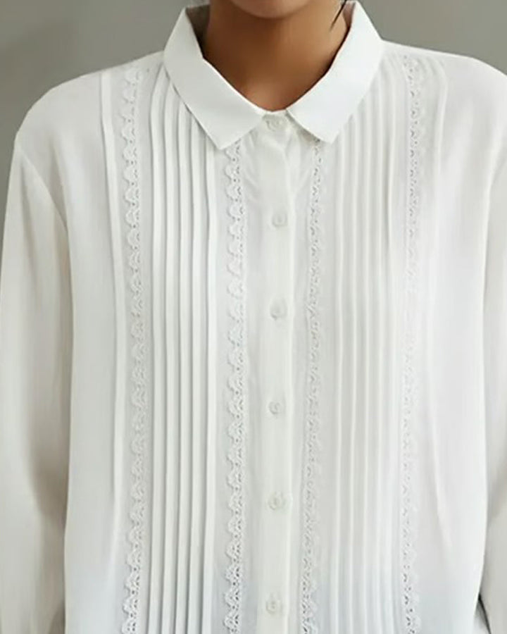 Claire | Women's Lace Trim Button-Up Long Sleeve Blouse