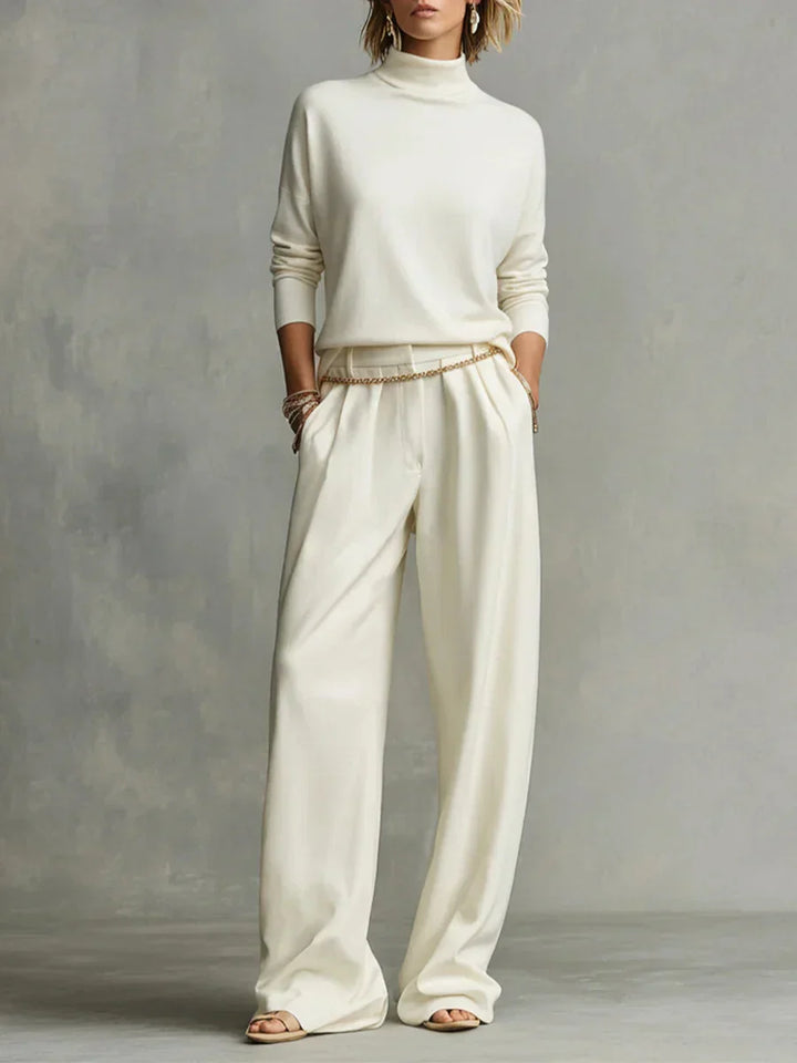 Soft High Neck Top and Flowing Wide Leg Pants Set (with Included Chain Belt)