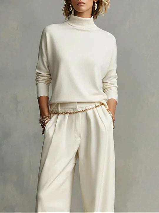 Soft High Neck Top and Flowing Wide Leg Pants Set (with Included Chain Belt)